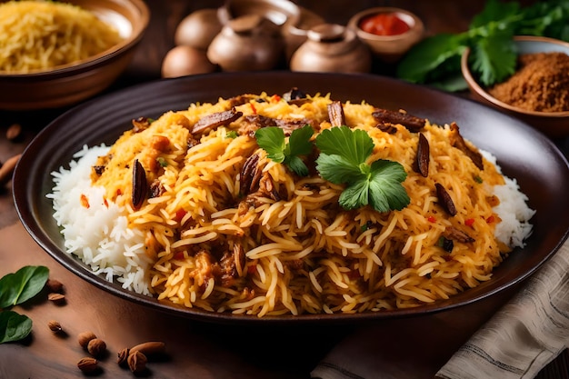 A plate of Malabar Biryani with its rice cooked in coconut milk and spices