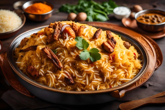 A plate of Malabar Biryani with its rice cooked in coconut milk and spices