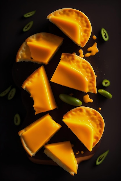 A plate of mango and mango cheese on a dark background