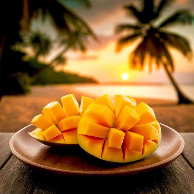 Plate of mangoes on a table in beach