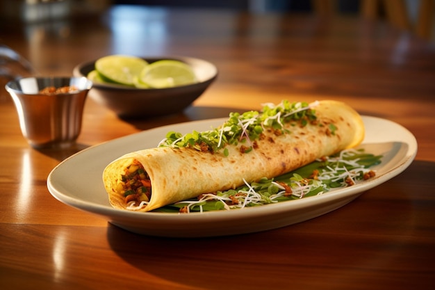 A plate of masala dosa served with a variety of colorful chutneys in small bowls