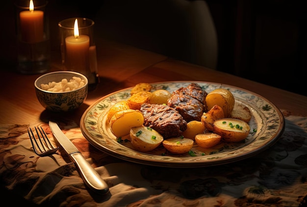 a plate of meat and potatoes on a table