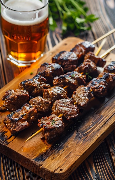 A plate of meat skewers with beer