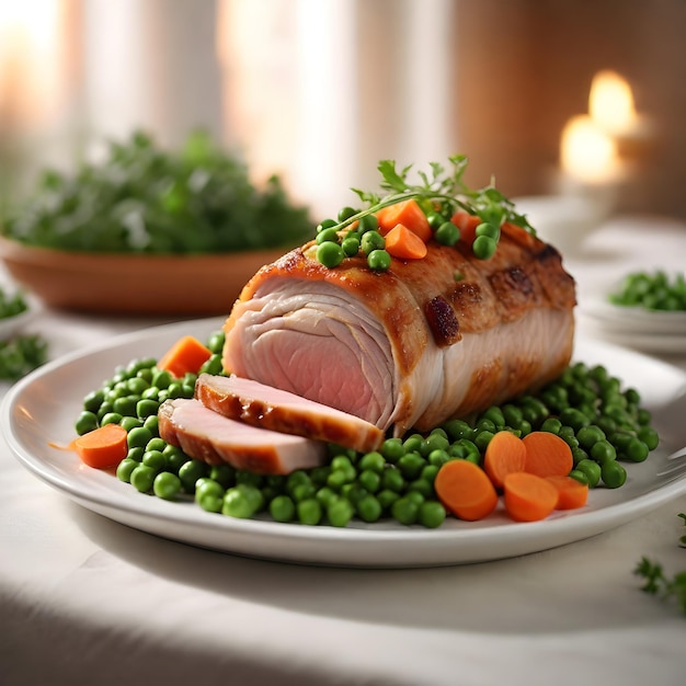 a plate of meat and vegetables with peas and carrots on it