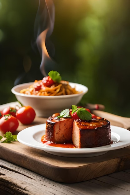 A plate of meat with a bowl of pasta in the background