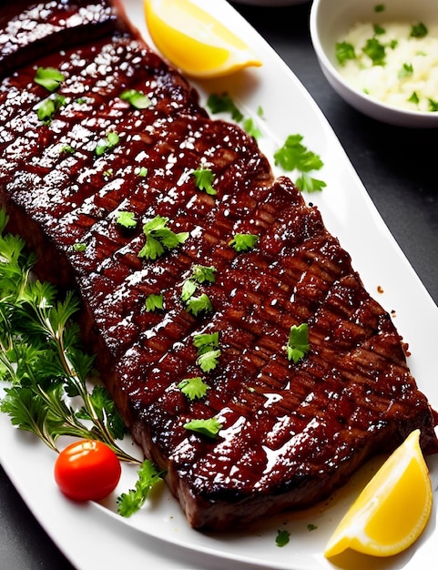 A plate of meat with a garnish of parsley on it