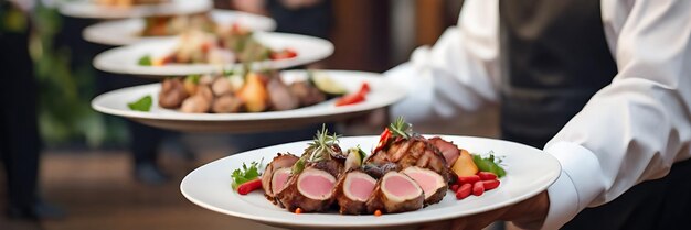 a plate of meat with a man holding a plate of meat