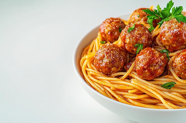 Photo a plate of meatball spaghetti sits on a white background leaving space for text