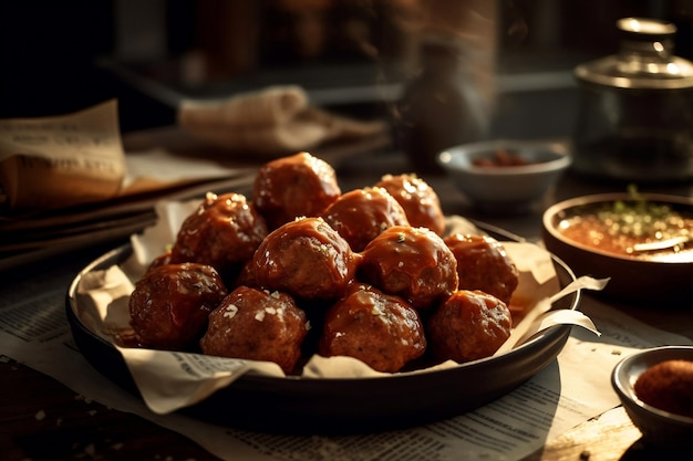 A plate of meatballs on a table with a newspaper on the top.