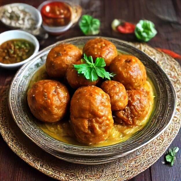 Photo a plate of meatballs with a green leaf on top of it