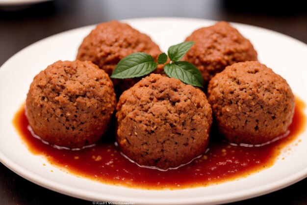 A plate of meatballs with a leaf on the top