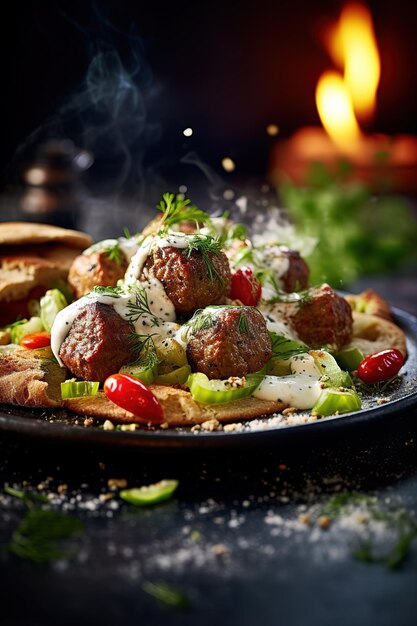 A plate of meatballs with a pile of bread and vegetables on the side.