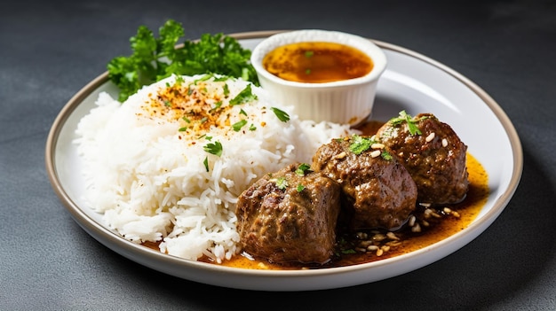 A plate of meatballs with rice and sauce