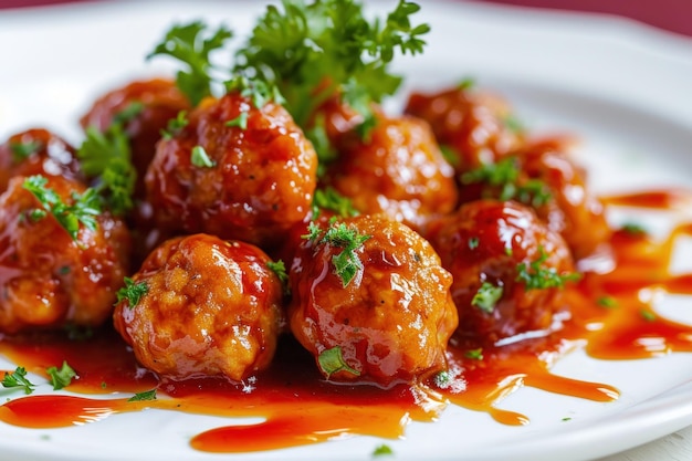 A plate of meatballs with sauce and parsley