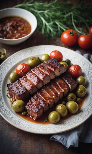 a plate of meats and vegetables with a bowl of tomatoes and olives