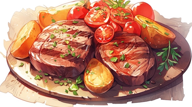 A plate of meats with tomatoes and tomatoes