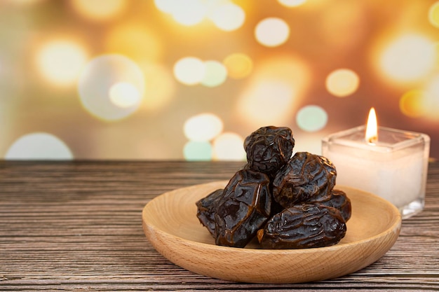 A plate of Medjool dates, popular during fasting month. Selective focus points. Blurred background