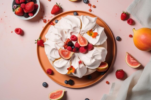 A plate of meringue with berries and strawberries on it