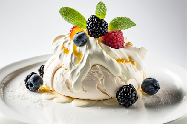 A plate of meringue with fresh berries and mint leaves