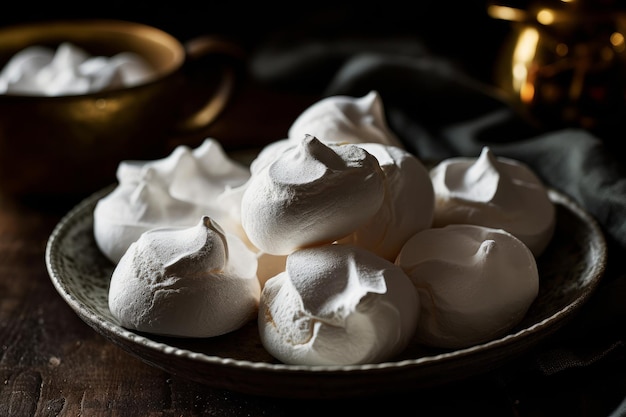 A plate of meringue with a gold cup in the background.