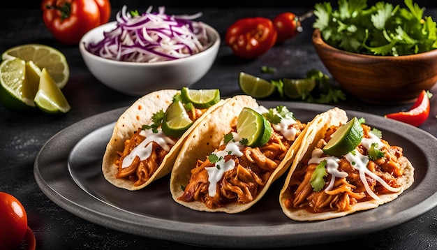 Photo plate of mexicanstyle tinga de pollo tacos with shredded chicken