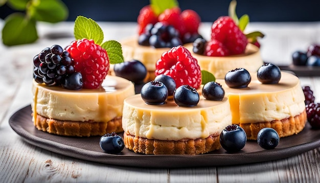 A plate of mini cheesecakes topped with fresh berries