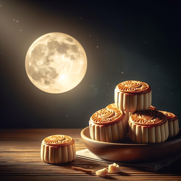 Photo a plate of mooncakes rests on a wooden table with a full moon in the background