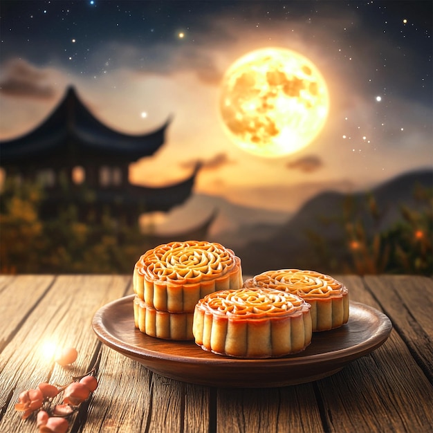 A plate of mooncakes rests on a wooden table