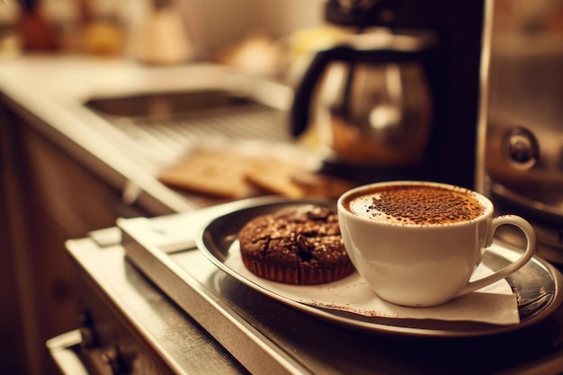 Plate of muffins and cup of coffee sit on counter