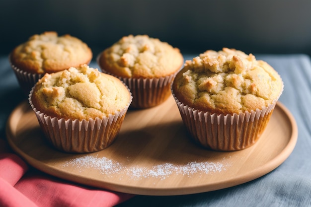 A plate of muffins with one muffin on a wooden table.