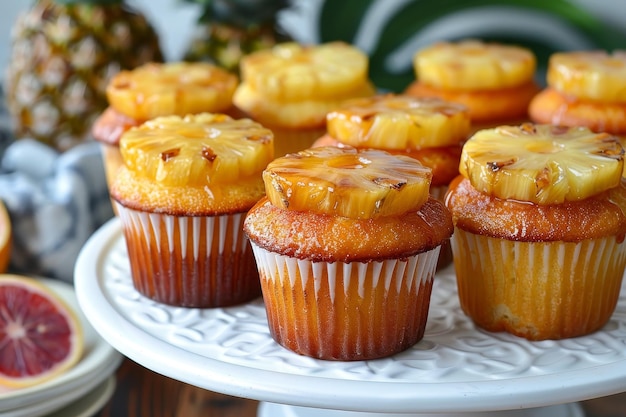 a plate of muffins with yellow bananas on top of them