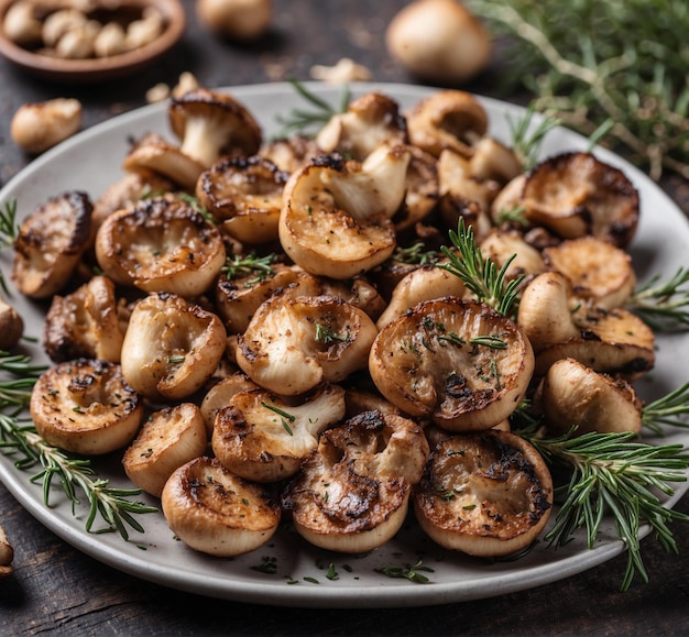 Photo a plate of mushrooms with a bunch of rosemary on it