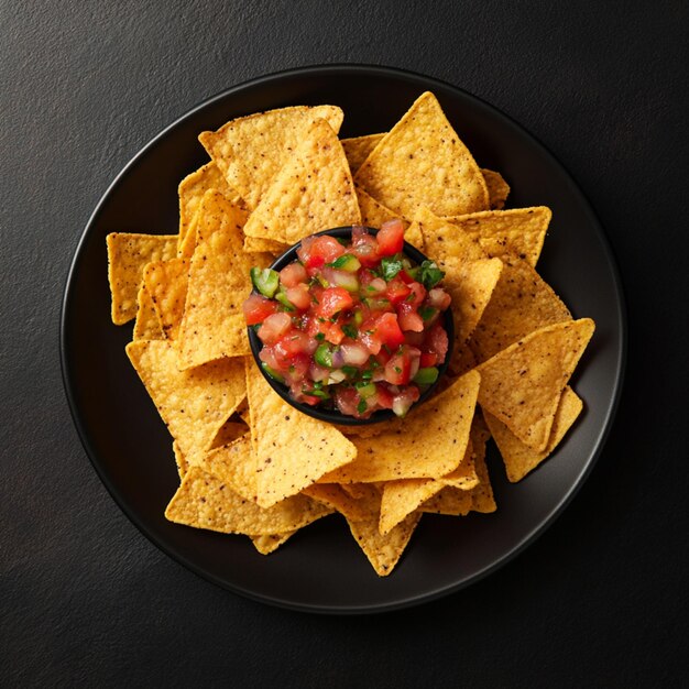 Photo a plate of nacho chips with a black bowl of salsa and a tortilla