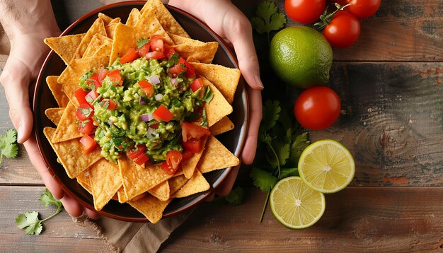 Photo a plate of nacho chips with a bowl of guacamole and a bowl of salsa