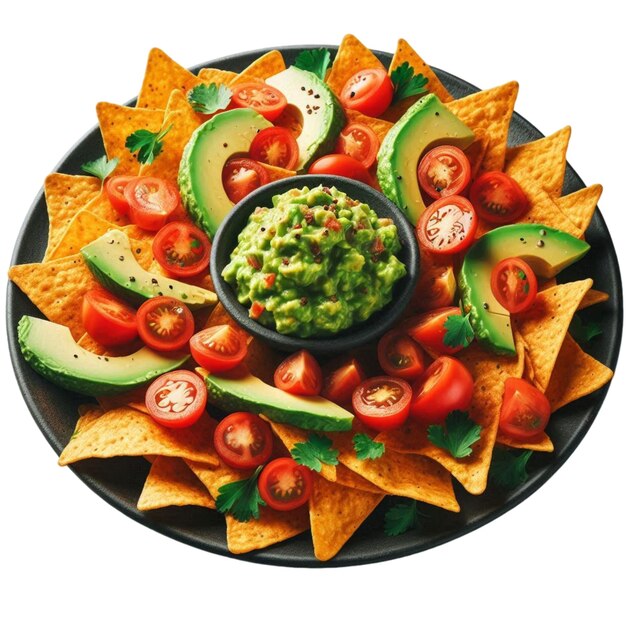 Photo a plate of nacho chips with a bowl of guacamole and salsa