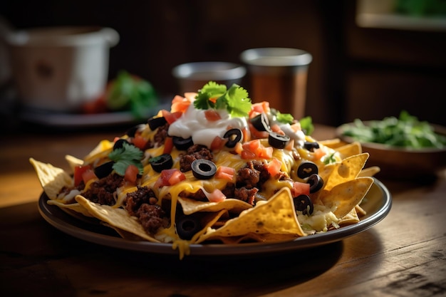 A plate of nachos filled with melted cheese is delicious