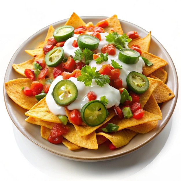 a plate of nachos with cheese and cucumbers on it