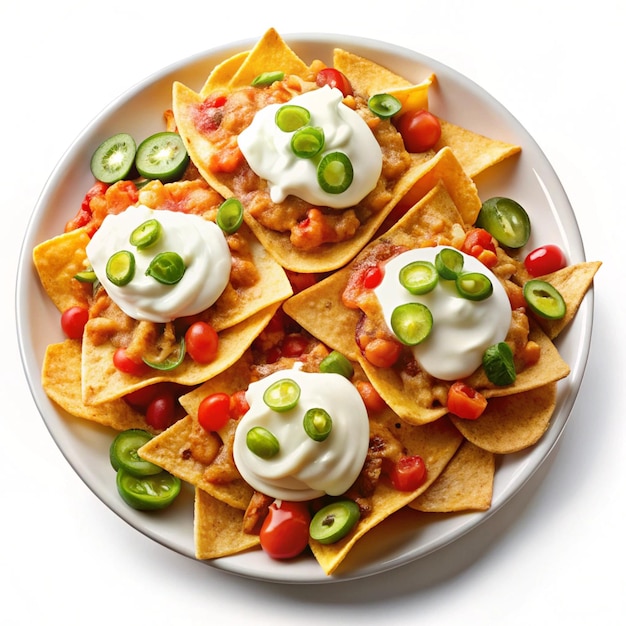 a plate of nachos with cheese and green beans on it