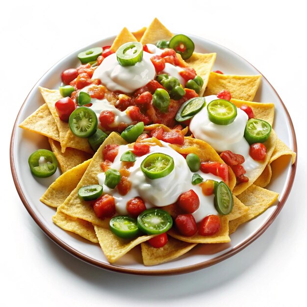 a plate of nachos with cheese and green peppers