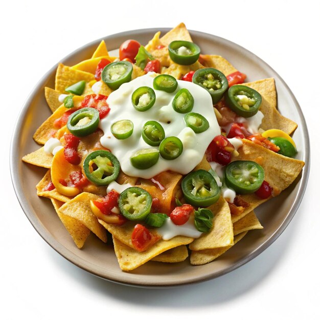 a plate of nachos with cheese and green peppers