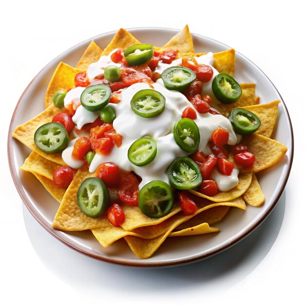 a plate of nachos with cheese and green peppers