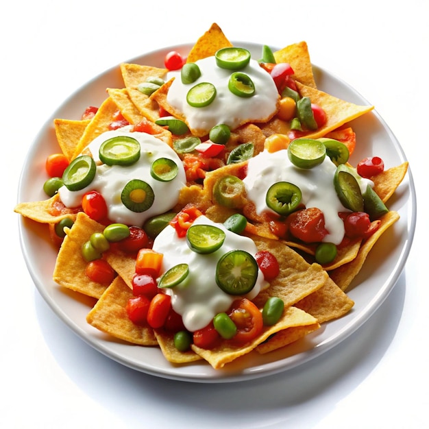 a plate of nachos with cheese and tomatoes on it