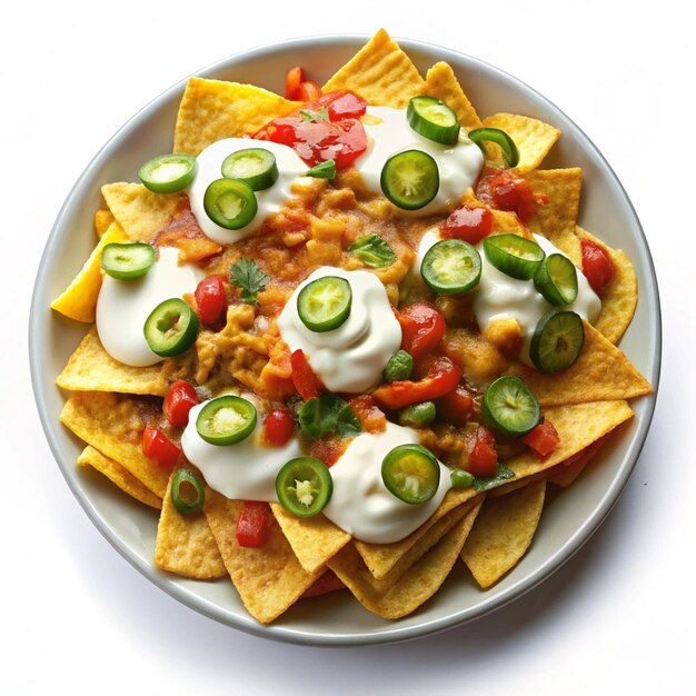 a plate of nachos with chips and dip on it