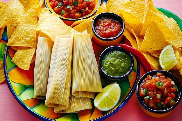 Photo a plate of nachos with chips and salsa and salsa