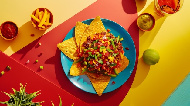 a plate of nachos with chips and a side of chips