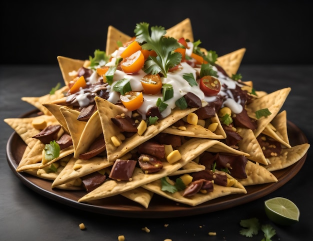 A plate of nachos with corn salsa and limes on the side with generative ai