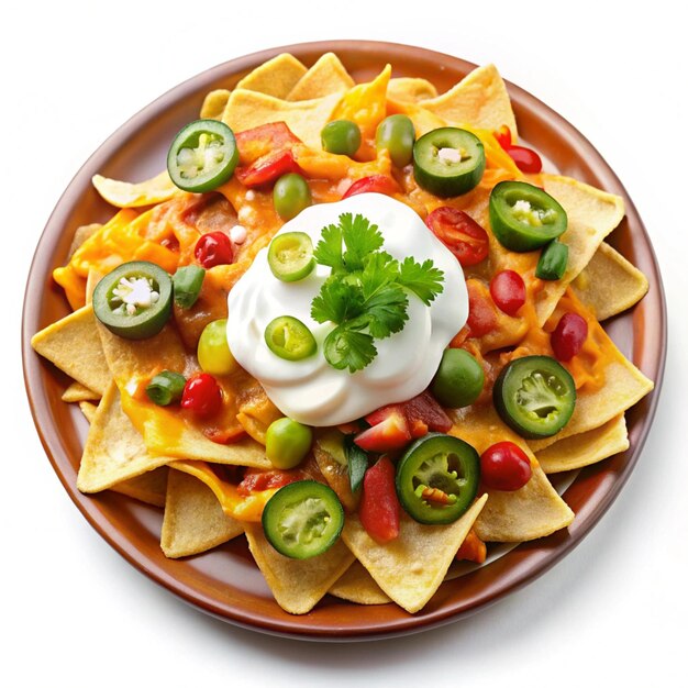 Photo a plate of nachos with a dip and diced cucumber on it