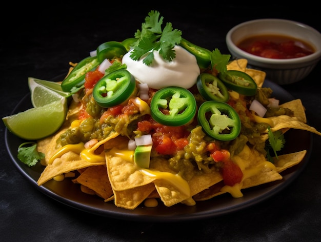 a plate of nachos with a dip and dip on it