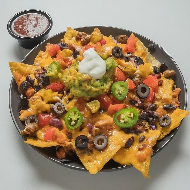 Photo a plate of nachos with a dip and a dip