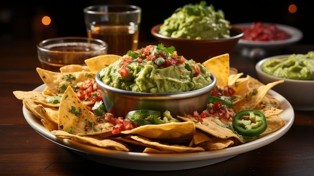 a plate of nachos with guacamole and chips.